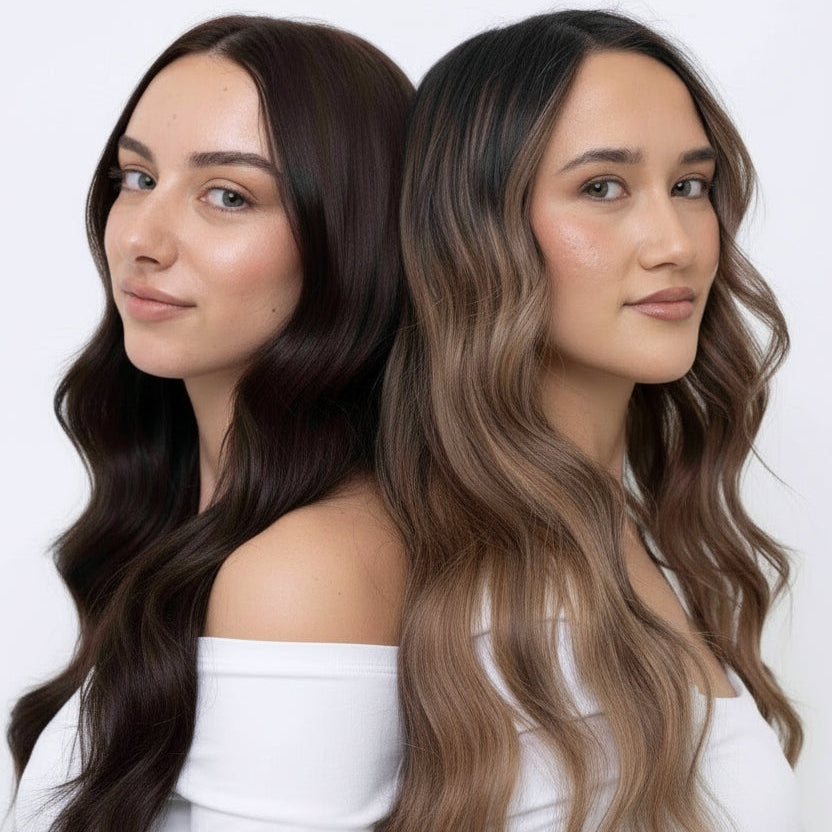Two women with long, wavy hair styled differently on a white background